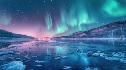 Nocturnal Magic: Aurora Borealis Reflections on a Frozen Landscape's Icy Surface