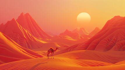 A camel stands on an open desert at sunset.