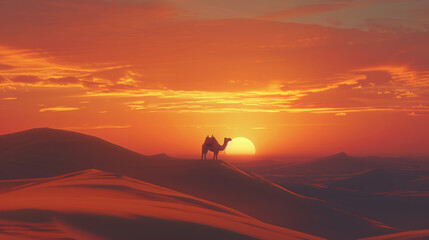 Fototapeta na wymiar A camel stands on an open desert at sunset.