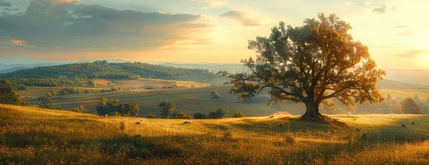 Foto op Canvas Serene Rural Landscape: Soft Sunlight Bathes Sprawling Fields, a Lone Majestic Tree, and Grazing Animals © Landscape Planet