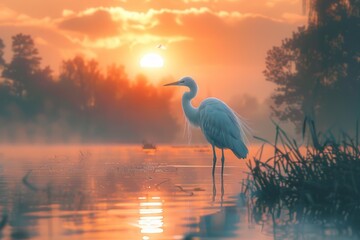 Obraz na płótnie Canvas Bird Standing in Water at Sunset