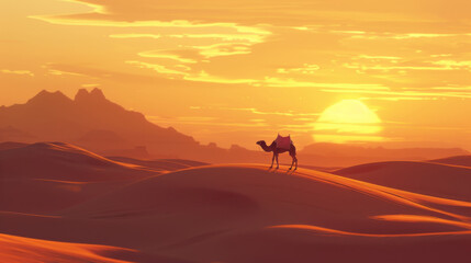A camel stands on an open desert at sunset.