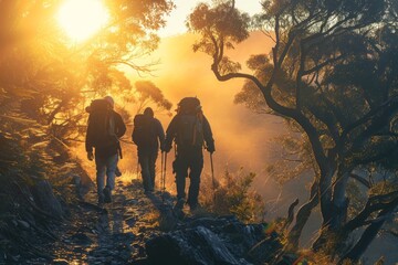 Group of People Hiking Up a Trail - obrazy, fototapety, plakaty