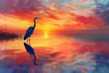 Bird Standing in Water Painting - obrazy, fototapety, plakaty