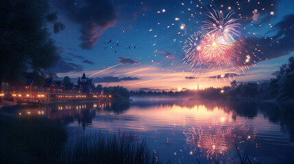 A burst of fireworks above a calm lake.