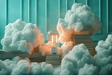 3D Printer of light bulb There are clouds above and books below.