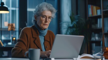 Older lady using her laptop at home. Senior woman surfing online.