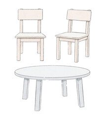 Set with varied cartoon two chairs and a round table isolated on paper background. Watercolor hand drawn illustration