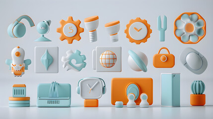 A 3d icon collection of different business functions, rounded, uniformly staged, minimalistic,