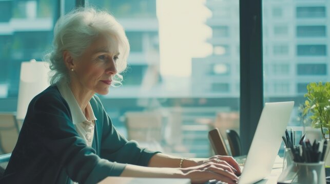 Older lady using her laptop at home. Senior woman surfing online.