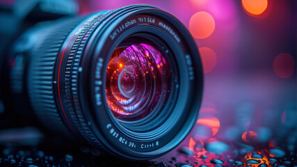 lens of camera with red light bokeh on black background
