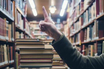 person in library with raised finger, stack of books