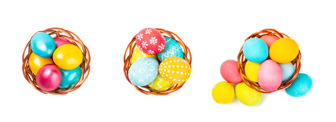 Easter basket filled with colorful eggs isolated on white background. Easter celebration concept. Colorful easter handmade decorated Easter eggs.