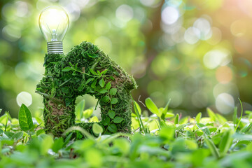 Sustainability and eco-awareness - small house made out of moss with a lightbulb on the chimney.