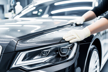 person applying ceramic coating to a luxury vehicle body