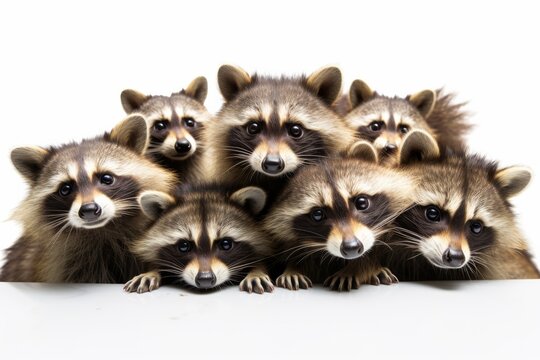 a family of raccoon are standing together in studio light.