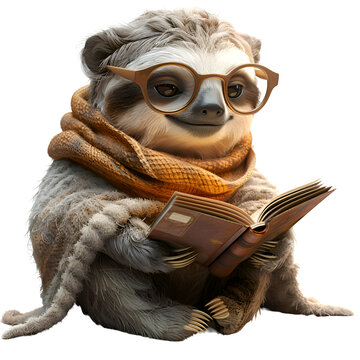 A 3D animated cartoon render of a happy sloth engrossed in a book.