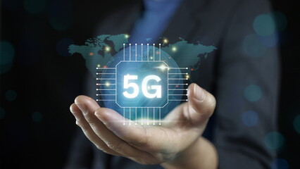 businessman hand Connected to 5G technology and high-speed capabilities, businesses will leverage 5G networks for improved services around the world.