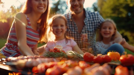 Closeup barbecue in the garden and family with kids having fun in a sunny summer day 