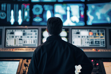 man in mission control room monitoring rocket launch data