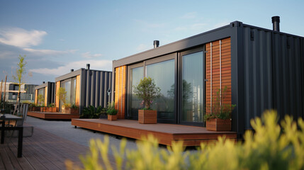 Closeup of a prefabricated container house against blue sky