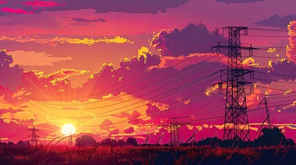 Silhouette of High voltage electric tower on sunset background. Electrical engineer. electrical