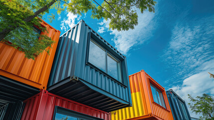 Closeup of a prefabricated container house against blue sky - obrazy, fototapety, plakaty