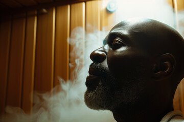 man exhaling deeply with eyes closed in sauna - obrazy, fototapety, plakaty