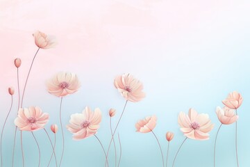Pink spring flowers on a blue background. Line art graphic design for banner, cover, decoration, poster. 