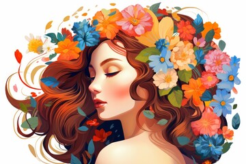 Beautiful girl with flowers in her hair, fashionable illustration, isolated background.