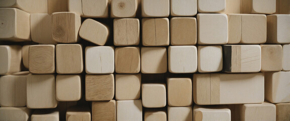 wooden wall with white and black squares and cubes, carved wood blocks, rough organic material