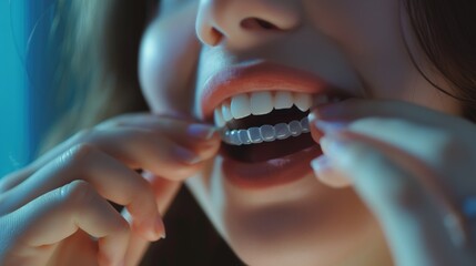 Closeup woman putting on teeth an invisible silicone teeth aligner