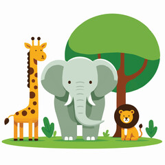 World wildlife day, vector cute animals giraffe, elephant and little lion with tree behind.