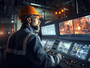 Experienced engineer in a yellow hard hat and high-visibility vest operating a control panel at an industrial facility. The engineer is focused and surrounded by machinery and equipment. - obrazy, fototapety, plakaty