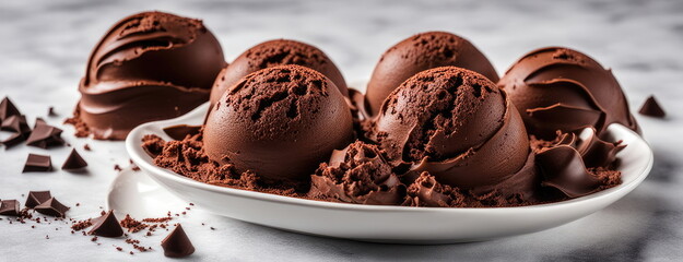 Chocolate Ice Cream in Bowl with Cocoa and Chocolate Pieces