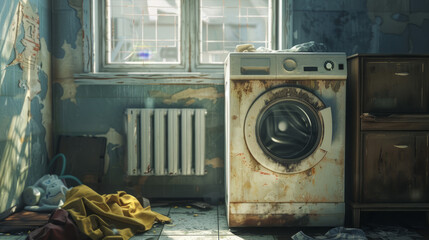 Forgotten Chores: Abandoned Washing Machine in a Derelict Room, rusty and worn appliance