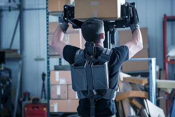 worker with a robotic exoskeleton lifting heavy objects