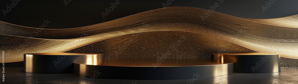 Poster a 3d podium with a black and gold background, featuring a golden product line displayed on a dark pl