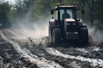 tractor driving through mud, wheels leaving deep tracks