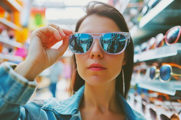 shopper trying on uv protection sunglasses near accessories - obrazy, fototapety, plakaty