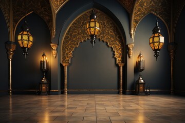 Opulent Moorish Interior: Golden Arches & Lanterns in Midnight Blue
