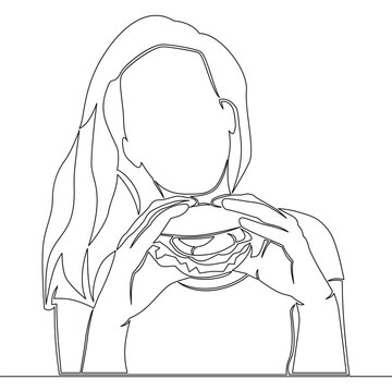 recommend clip art: Continuous line drawing hungry woman eat burger junk food icon vector illustration concept