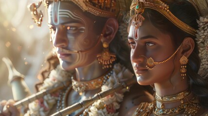 A portrait-style depiction of Lord Rama and his wife Sita in a godly avatar. - obrazy, fototapety, plakaty