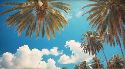 Beneath the Azure Canopy: A Vintage Perspective of Palm Trees Silhouetted Against a Brilliant Blue...
