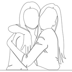 Continuous line drawing two girls hugging each other icon vector illustration concept