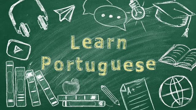Lettering LEARN PORTUGUESE on greenboard. Translation related and language learning icon set. Education concept. Can be used for topics like communication, studying abroad, e-learning, home education