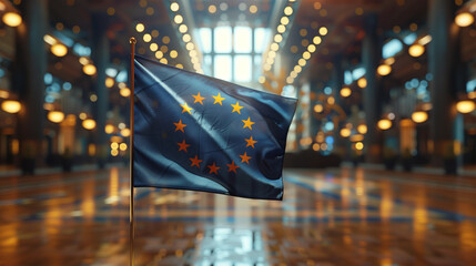 Waving European Union Flag Standing in Parliament Hall Symbolizing Political Integration and Unity. - obrazy, fototapety, plakaty