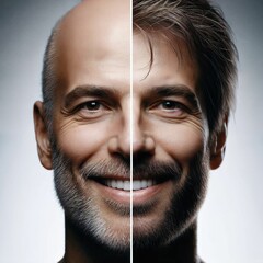The head of a balding man before and after hair transplant surgery. Hair loss treatment. Hair transplantation and extension. Hair growth products. Generative AI.