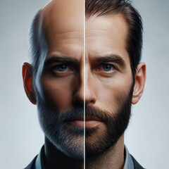 The head of a balding man before and after hair transplant surgery. Hair loss treatment. Hair transplantation and extension. Hair growth products. Generative AI. - obrazy, fototapety, plakaty
