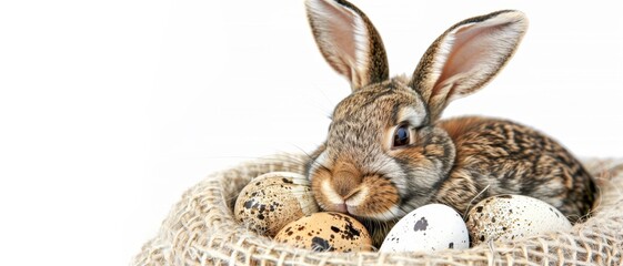 Obraz premium Happy easter concept holiday celebration greeting card - Easter bunny, rabbit, sitting in a basket gift box with many easter eggs, isolated on white background